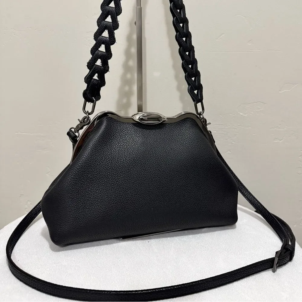Black Togo Cowhide Leather Handmade Custom Metal Frame Handbag & 2 Strap Styles